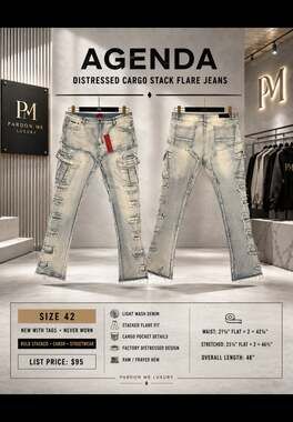 Ajenda Distressed Cargo Stacked Flare Denim Jeans